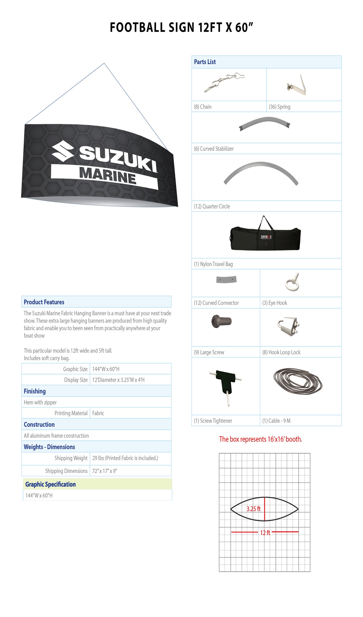SUZUKI Marine- Overhead 12ft Football Hanging Banner - Two sided