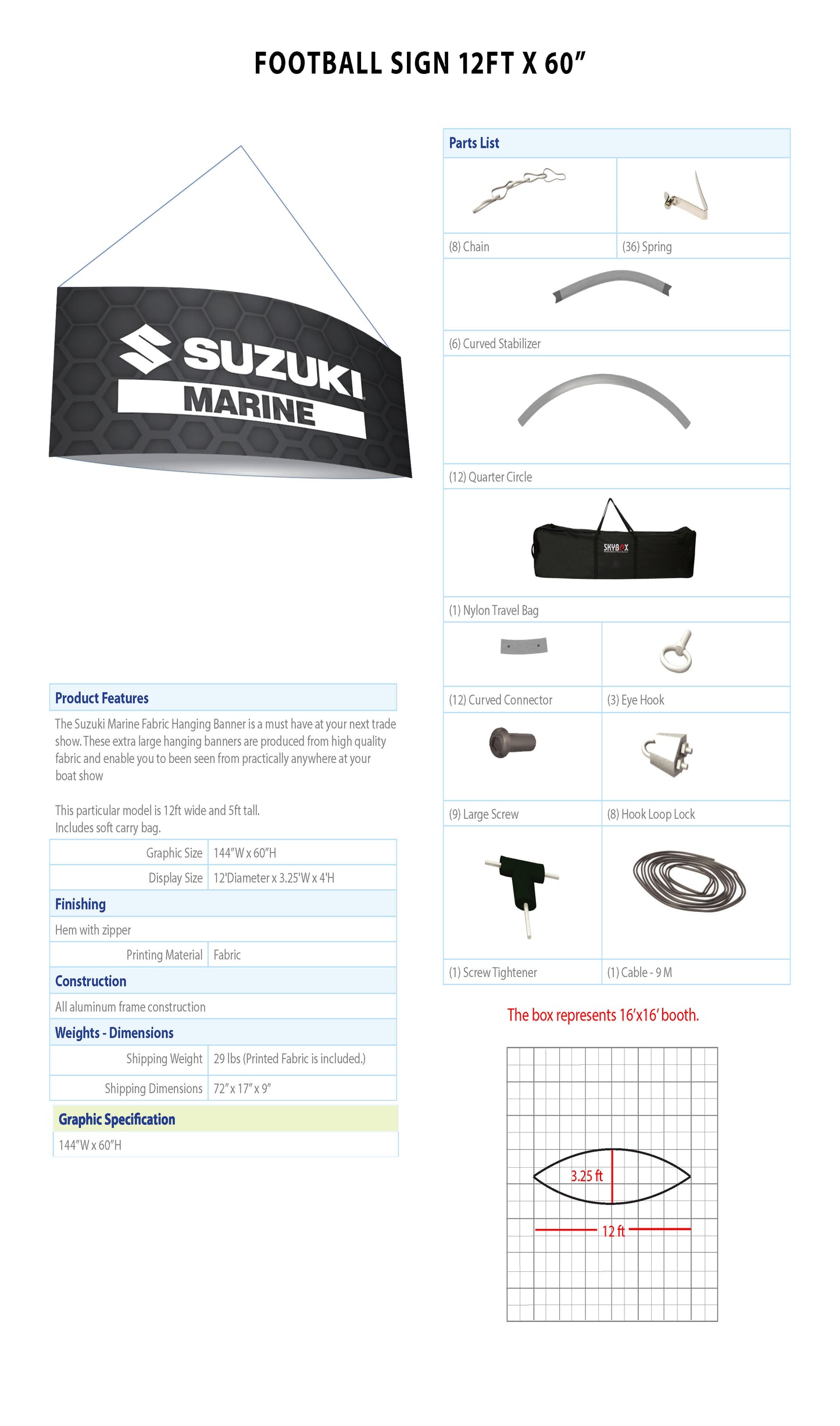 STEALTH SUZUKI MARINE - Overhead 12ft Football Hanging Banner - Two sided